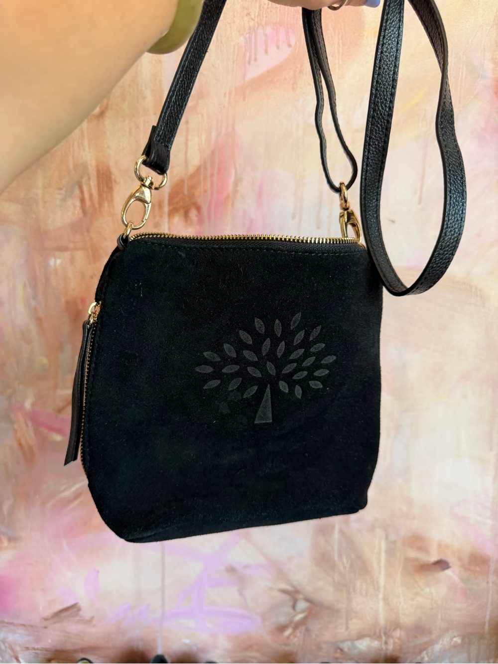 Mulberry Black Suede Tree-Embossed Crossbody Bag with Gold Hardware
